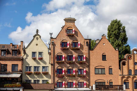 Gdansk, Poland - Sept 6, 2020: Gdansk, Old Town - historic tenement houses with gables on the banks of the River Motlawa, Polandのeditorial素材