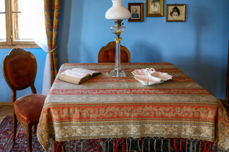 Wygiezlow, Poland - August 14, 2020: Interior of the manor house of a wealthy noble family from Droginia from the 18th century. The manor house was moved to the open-air museum in WygiezÅÃ³w. Polandのeditorial素材