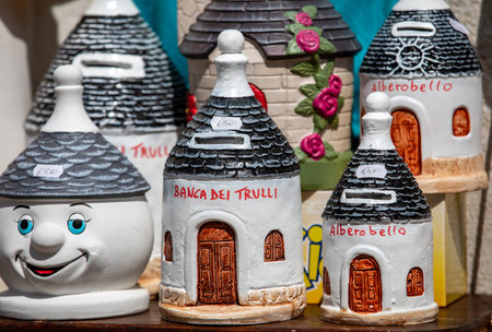 Alberobello, Italy - September 16, 2019: Traditional Apulian souvenirs on display outside a shop in Alberobello. Apulia, Italyのeditorial素材