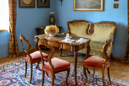Wygiezlow, Poland - August 14, 2020: Interior of the manor house of a wealthy noble family from Droginia from the 18th century. The manor house was moved to the open-air museum in WygiezÅÃ³w. Polandのeditorial素材