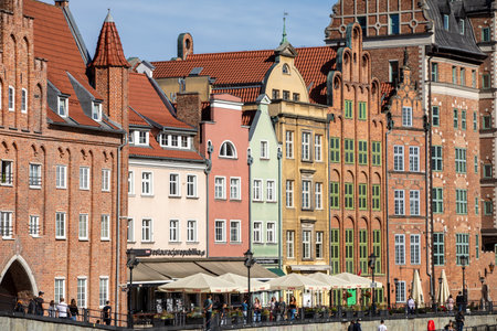 Gdansk, Poland - Sept 6, 2020: Gdansk, Old Town - historic tenement houses with gables on the banks...