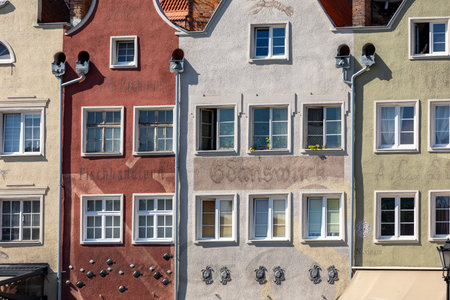 Gdansk, Poland - Sept 9, 2020: Gdansk, Old Town - historic tenement houses with gables on the banks...