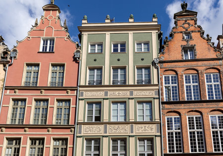 Gdansk, Poland - Sept 6, 2020: The facades of the restored GdaÅ„sk patrician houses at Long Lane...