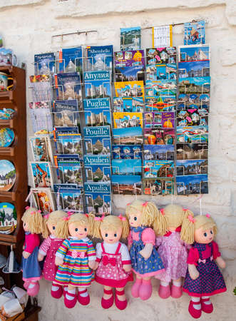 Alberobello, Italy - September 16, 2019: Traditional Apulian souvenirs on display outside a shop in Alberobello. Apulia, Italyのeditorial素材