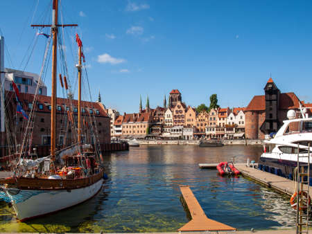 Gdansk, Poland - September 9, 2020: Old Town of Gdansk in Poland, Europe, view from the city marina...
