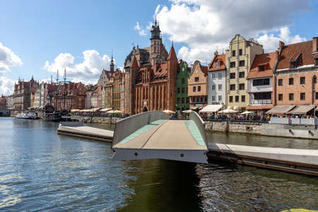 Gdansk, Poland - Sept 6, 2020: The rotating footbridge of St The Spirit to the Granary Island on the MotÅawa Riverのeditorial素材
