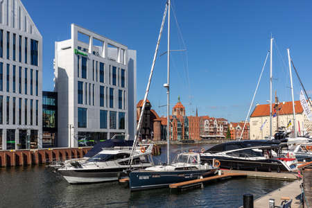 Gdansk, Poland - September 9, 2020: Motorboats and sailboats at the marina in Gdansk. Poland