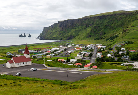 Vik, Iceland - August 1, 2017: The small resort community of Vik, Iceland, lying on the Atlantic Ocean on Iceland's South coastのeditorial素材