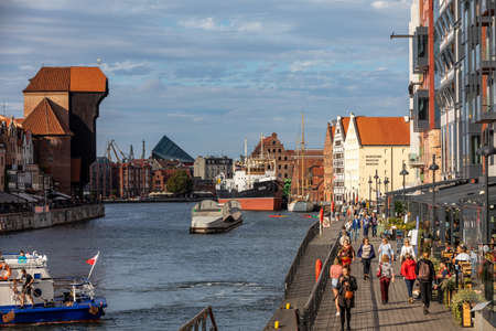 Gdansk, Poland - Sept 9, 2020: Gdansk, Old Town - historic buildings along the riverbank of Motlawa River, Polandのeditorial素材