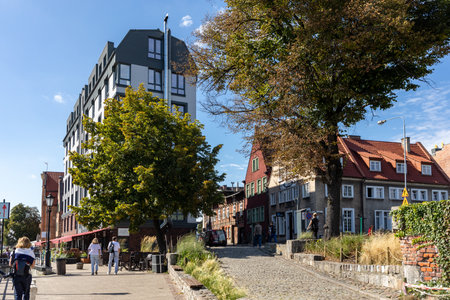Gdansk, Poland - Sept 9, 2020: The architecture of the old GdaÅsk at the Fish Market / Targ Rybny / on the MotÅawa riverbankのeditorial素材
