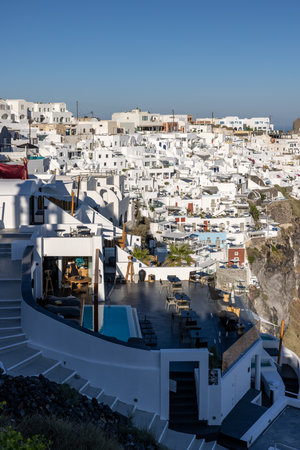 Oia, Santorini, Greece - June 29, 2021: Whitewashed houses in Imerovigli on Santorini island, Cyclades, Greeceの写真素材