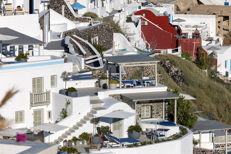 Oia, Santorini, Greece - June 29, 2021: Whitewashed houses in Imerovigli on Santorini island, Cyclades, Greeceのeditorial素材