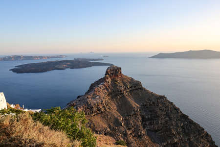 The beautiful caldera and Skaros rock view from Imerovigli terrace on Santorini, Greeceの写真素材