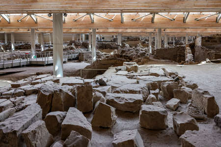 Santorini, Greece - July 01, 2021: Akrotiri, excavation site of a Minoan Bronze Age settlement on the Greek island of Santoriniのeditorial素材