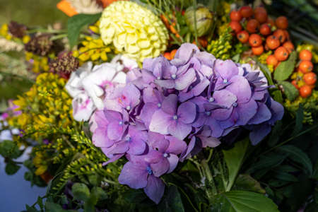 Traditional bouquet of flowers, herbs and fruits that are the symbol of summerの写真素材