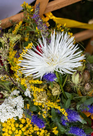 Traditional bouquet of flowers, herbs and fruits that are the symbol of summerの写真素材