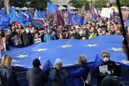 Cracow; Poland - Oct 10; 2021: We stay; the government leaves! People protest against the verdict of...