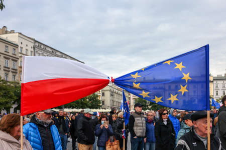 Cracow; Poland - Oct 10; 2021: We stay; the government leaves! People protest against the verdict of the Constitutional Tribunal. Many citizens believe that the verdict is a step towards Polexitのeditorial素材