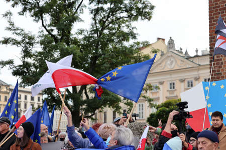 Cracow; Poland - Oct 10; 2021: We stay; the government leaves! People protest against the verdict of the Constitutional Tribunal. Many citizens believe that the verdict is a step towards Polexitのeditorial素材