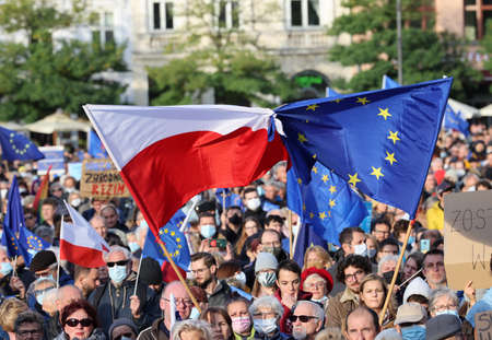Cracow; Poland - Oct 10; 2021: We stay; the government leaves! People protest against the verdict of the Constitutional Tribunal. Many citizens believe that the verdict is a step towards Polexit