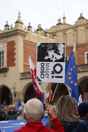 Cracow; Poland - Oct 10; 2021: We stay; the government leaves! People protest against the verdict of the Constitutional Tribunal. Many citizens believe that the verdict is a step towards Polexitのeditorial素材