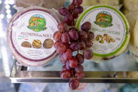 Cracow, Poland - November 3, 2021: Great cheeses Pecorino at Gastrofood - Trade Fair for Food and Drinks for Catering in Cracow. Polandのeditorial素材