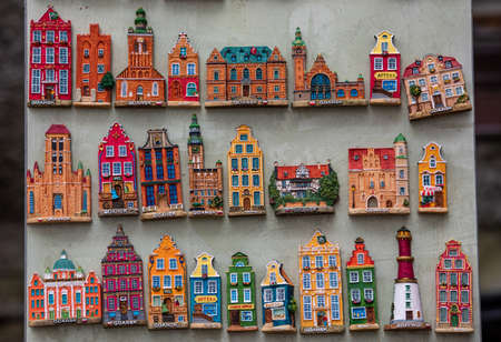 Gdansk, Poland - Sept 9, 2020: Rows of fridge magnet souvenirs from Gdansk displayed on stillage. Polandのeditorial素材