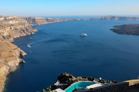 Panoramic view of the Santorini caldera cliffs from the Imerovigli village on Santorini island, Greeceの写真素材