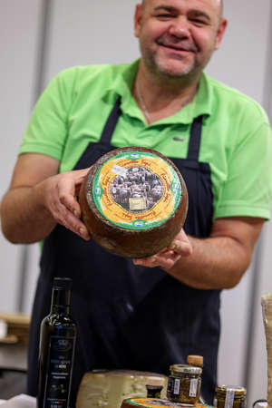 Cracow, Poland - November 5, 2021: Great cheeses Pecorino at Gastrofood - Trade Fair for Food and...