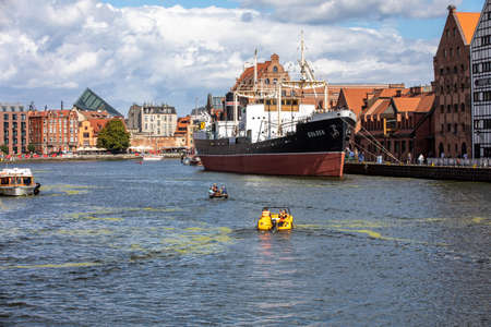 Gdansk, Poland - Sept 6, 2020: Soldek the first ship built in Poland after World War II to the...