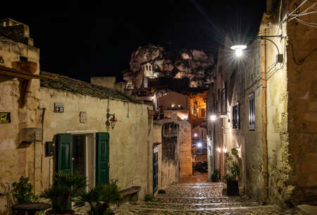 Matera, Italy - September 19, 2019: Cobblestone street in the Sassi di Matera a historic district in the city of Matera. Basilicata. Italyのeditorial素材