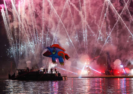 Cracow, Poland - June 4, 2022: Great Dragon Parade. The Great Outdoor Show on the Vistula River.のeditorial素材