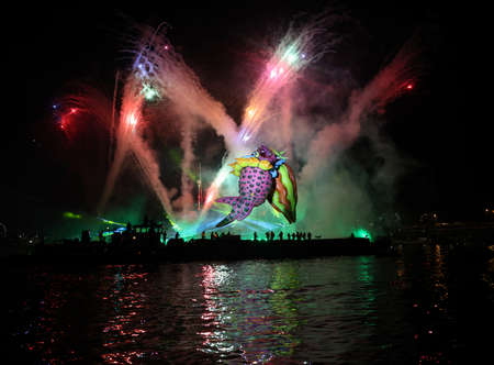 Cracow, Poland - June 4, 2022: Great Dragon Parade. The Great Outdoor Show on the Vistula River.のeditorial素材