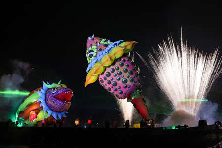 Cracow, Poland - June 4, 2022: Great Dragon Parade. The Great Outdoor Show on the Vistula River.のeditorial素材
