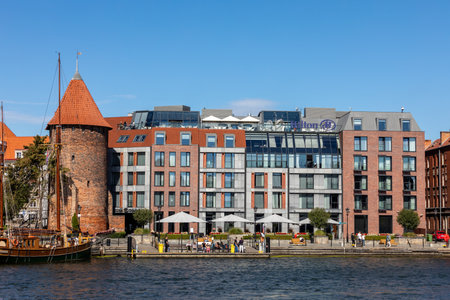 Gdansk, Poland - Sept 9, 2020: The architecture of the old GdaÅsk at the Fish Market / Targ Rybny / on the MotÅawa riverbankのeditorial素材