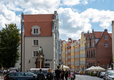 Gdansk, Poland - Sept 6, 2020: facades of historic tenement houses in old town in Gdansk