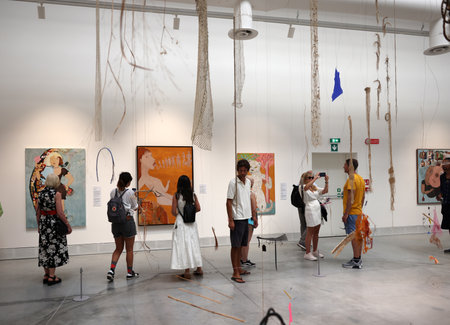 Venice, Italy - September 6, 2022: 59th Venice Art Biennale in Venice. Cecilia Vicunia paintings and art installation in the Central Pavilionのeditorial素材