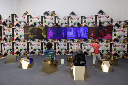 Venice, Italy - September 6, 2022: 59th Venice Art Biennale in Venice. Feeling her way by artist Sonja Boyce at the British pavilionのeditorial素材