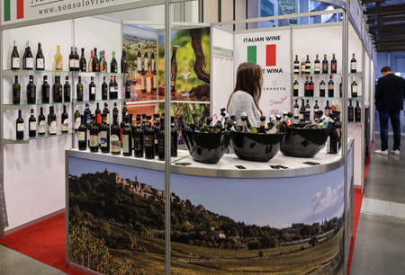 Cracow, Poland - November 17, 2022: International Wine Trade Fair ENOEXPO in Cracow. Producers of wine from all around the world meet the importers distributors and representatives.のeditorial素材