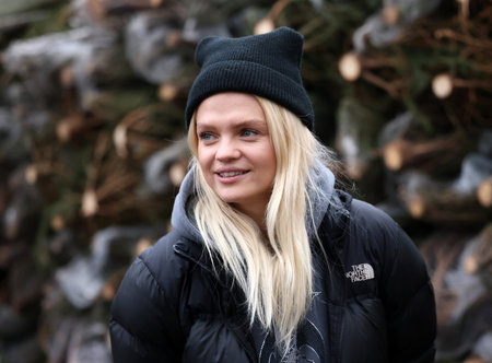 Krakow, Poland - Dec 19, 2021: Margaret during the distribution of Christmas trees at Szczepanski Square in Krakowのeditorial素材