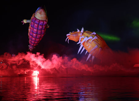 Cracow, Poland - June 4, 2022: Great Dragon Parade. The Great Outdoor Show on the Vistula River.のeditorial素材