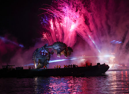 Cracow, Poland - June 4, 2022: Great Dragon Parade. The Great Outdoor Show on the Vistula River.のeditorial素材