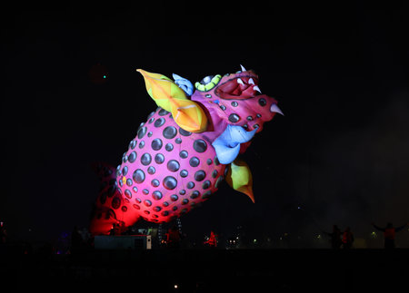 Cracow, Poland - June 4, 2022: Great Dragon Parade. The Great Outdoor Show on the Vistula River.のeditorial素材