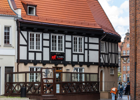 Gdansk, Poland - Sept 6, 2020: facades of historic tenement houses in old town in Gdansk
