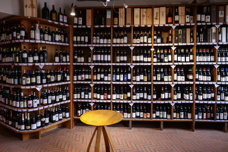 La Morra, Piedmont, Italy - Sept 8, 2022: Interior of a wine shop in La Morra, Piedmont, Italyのeditorial素材