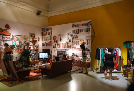 Venice, Italy - Sept 6, 2022: 59th Venice Art Biennale in Venice. Dreams have no titles by Zineb Sedira s film installation takes you back to the cinema of the 1960s and 1970s in French pavilionのeditorial素材