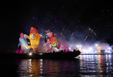 Cracow, Poland - June 4, 2022: Great Dragon Parade. The Great Outdoor Show on the Vistula River.のeditorial素材