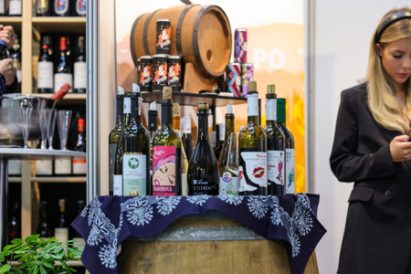 Cracow, Poland - November 17, 2022: International Wine Trade Fair ENOEXPO in Cracow. Producers of wine from all around the world meet the importers distributors and representatives.のeditorial素材