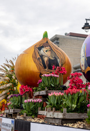 Noordwijk, Netherlands - April 22, 2023: Spectacular flower covered floats in the Bloemencorso...