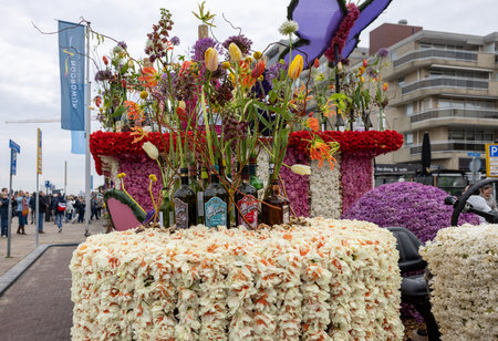 Noordwijk, Netherlands - April 22, 2023: Spectacular flower covered floats in the Bloemencorso Bollenstreek the annual spring flower parade from Noordwijk to Haarlem in the Netherlands.のeditorial素材